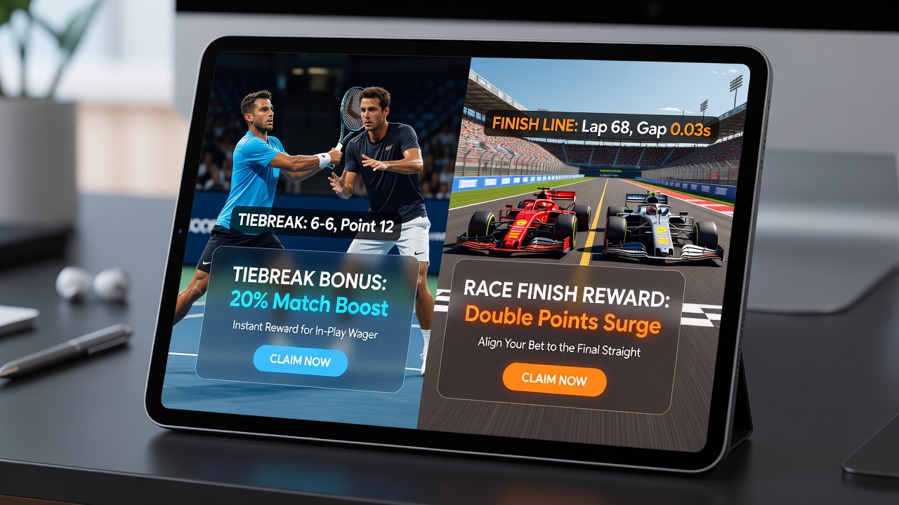 Mobiele app interface toont live tennis tiebreak weddenschappen met promotionele bonussen
