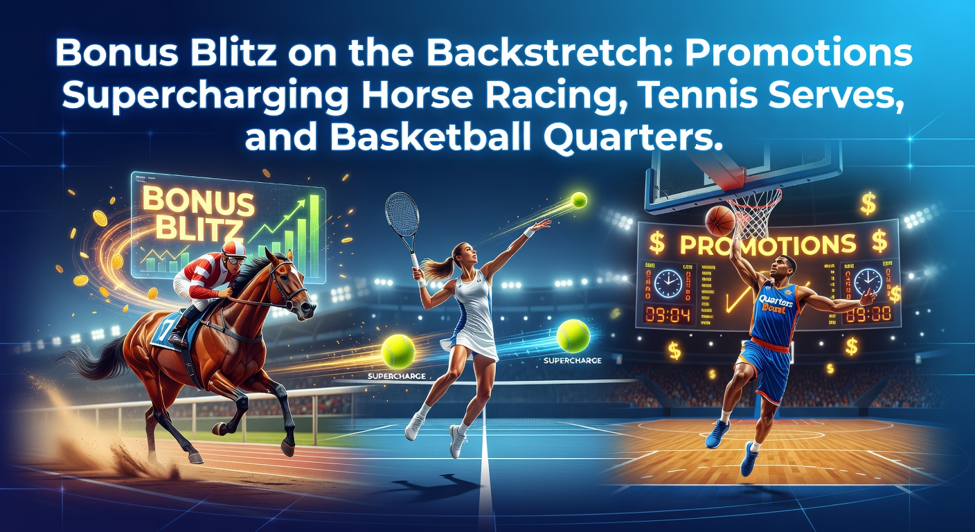 Dynamische actie op een renbaan met paarden in volle sprint, tennisspelers bij een krachtige serve en basketballers in een intense quarter, symboliserend de boost van promoties