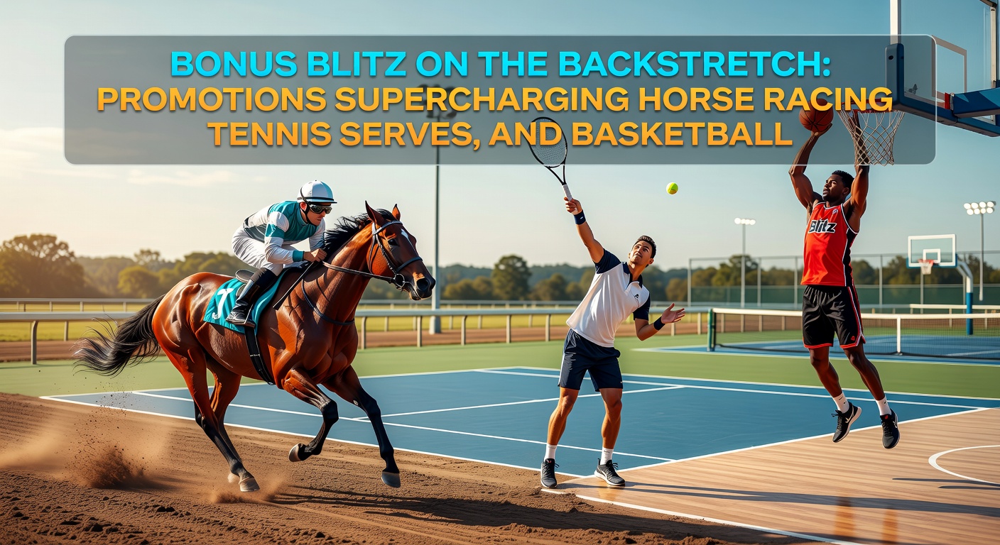 Close-up van een bonuspromotie-interface met odds-boosts voor een paardenrace backstretch, tennis serve en basketbal quarter, met grafieken die volume-stijgingen illustreren