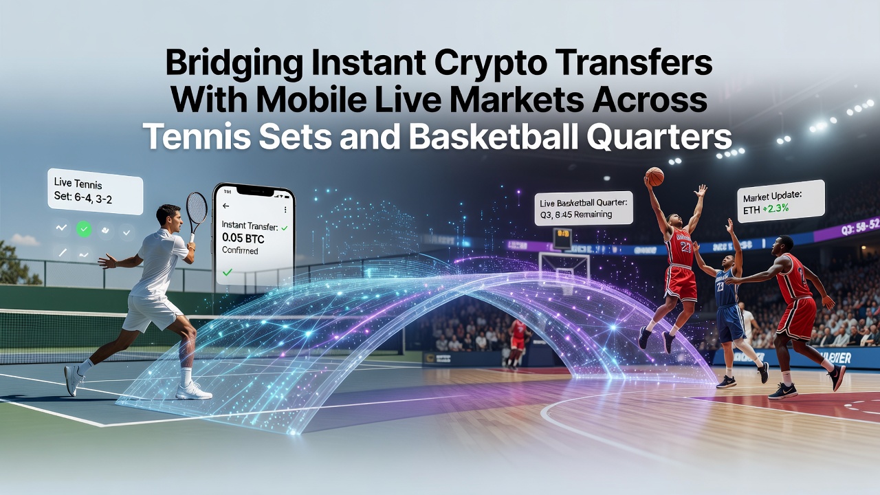 Mobiele app interface die live weddenschappen op tennis sets en basketbal quarters toont met crypto betaalopties