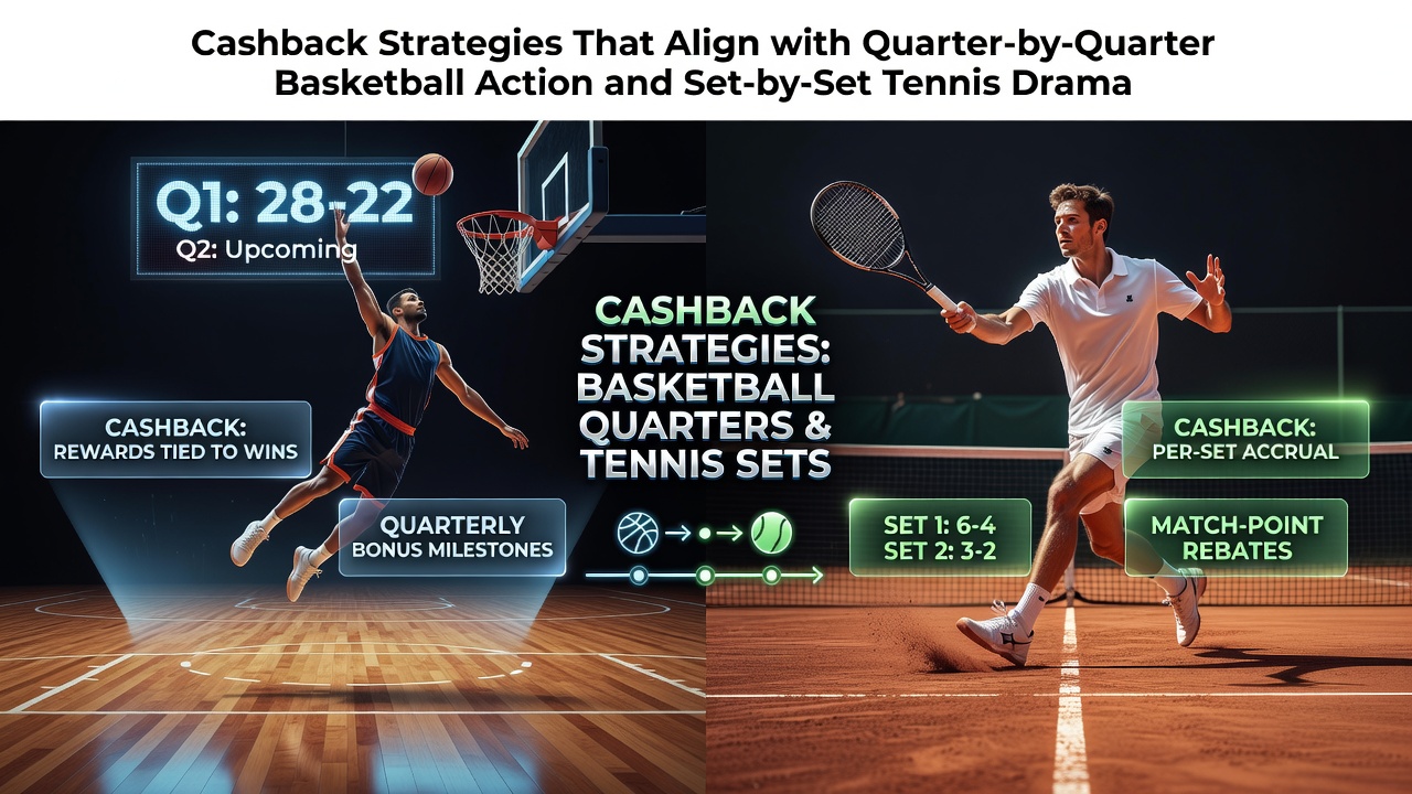 Illustratie van cashbackstrategieën bij basketbal en tennis wedstrijden