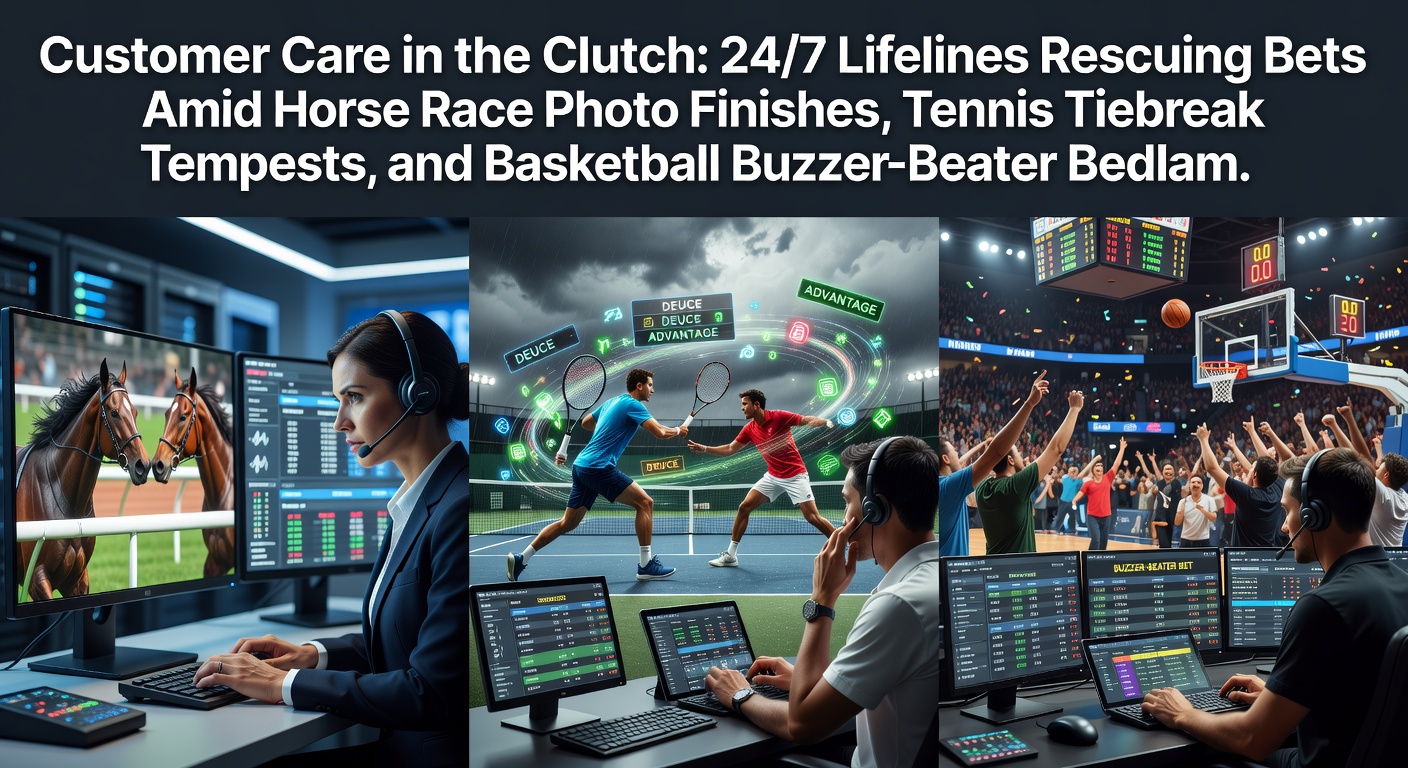 Klantenserviceteam in actie tijdens een spannende live weddenschap op paardenrennen, met chatvensters en telefoons in de weerstand