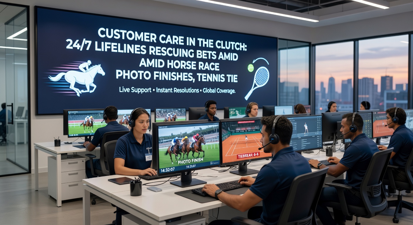 Live chatinterface toont support bij een tennis tiebreak, met weddenschapsschermen en klantvragen opgelost in real-time