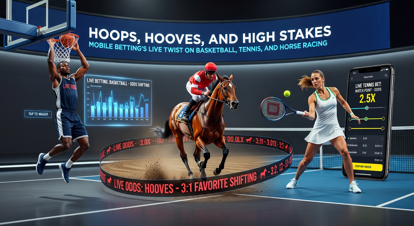 Mobiele app toont live odds voor een tenniswedstrijd met close-up van spelers en renbaan in de verte, symboliserend hoge stakes