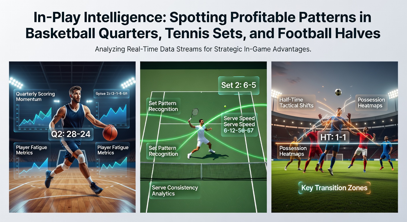 Grafiek met statistieken van in-play patronen in basketbal, tennis en voetbal, tonen pieken in scores per segment