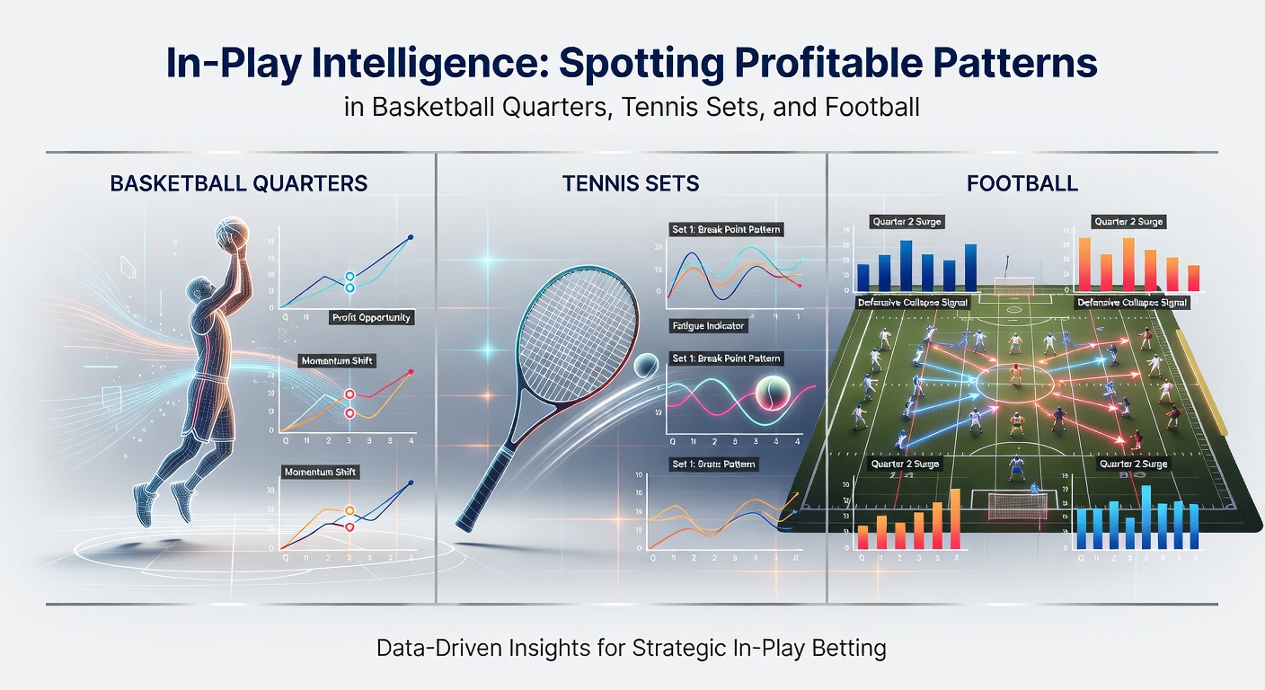 Analysevisualisatie van tennis setpatronen en voetbal helfttrends, met lijnen voor scoreontwikkeling en oddsveranderingen
