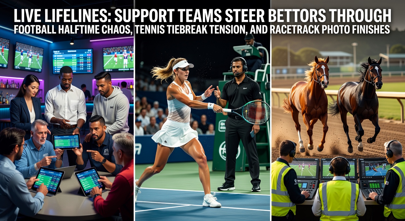 Supportteammedewerker beantwoordt live chat tijdens intense voetbalwedstrijd op scherm met halftime score