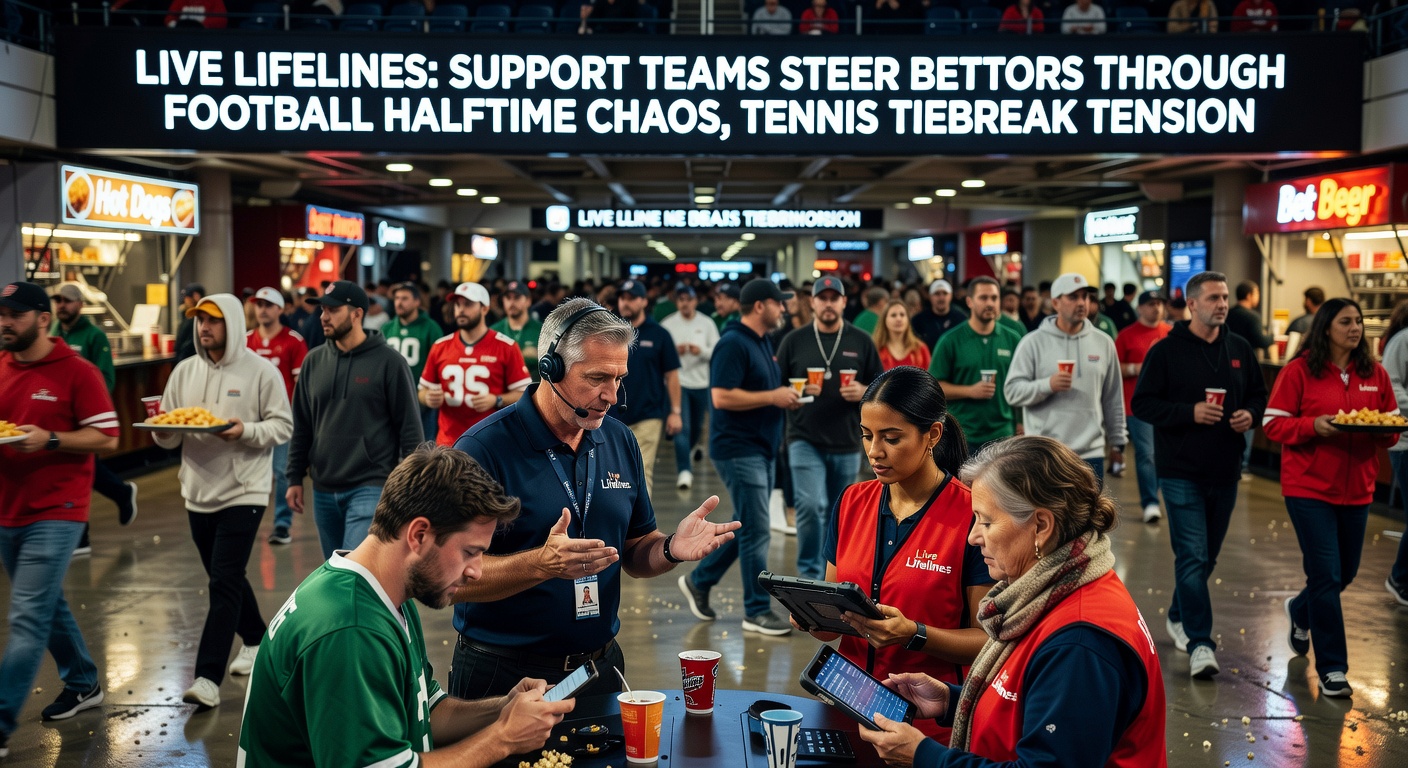 Tennis tiebreak op scherm met support chat open, agent helpt bettor bij odds update tijdens spannend punt