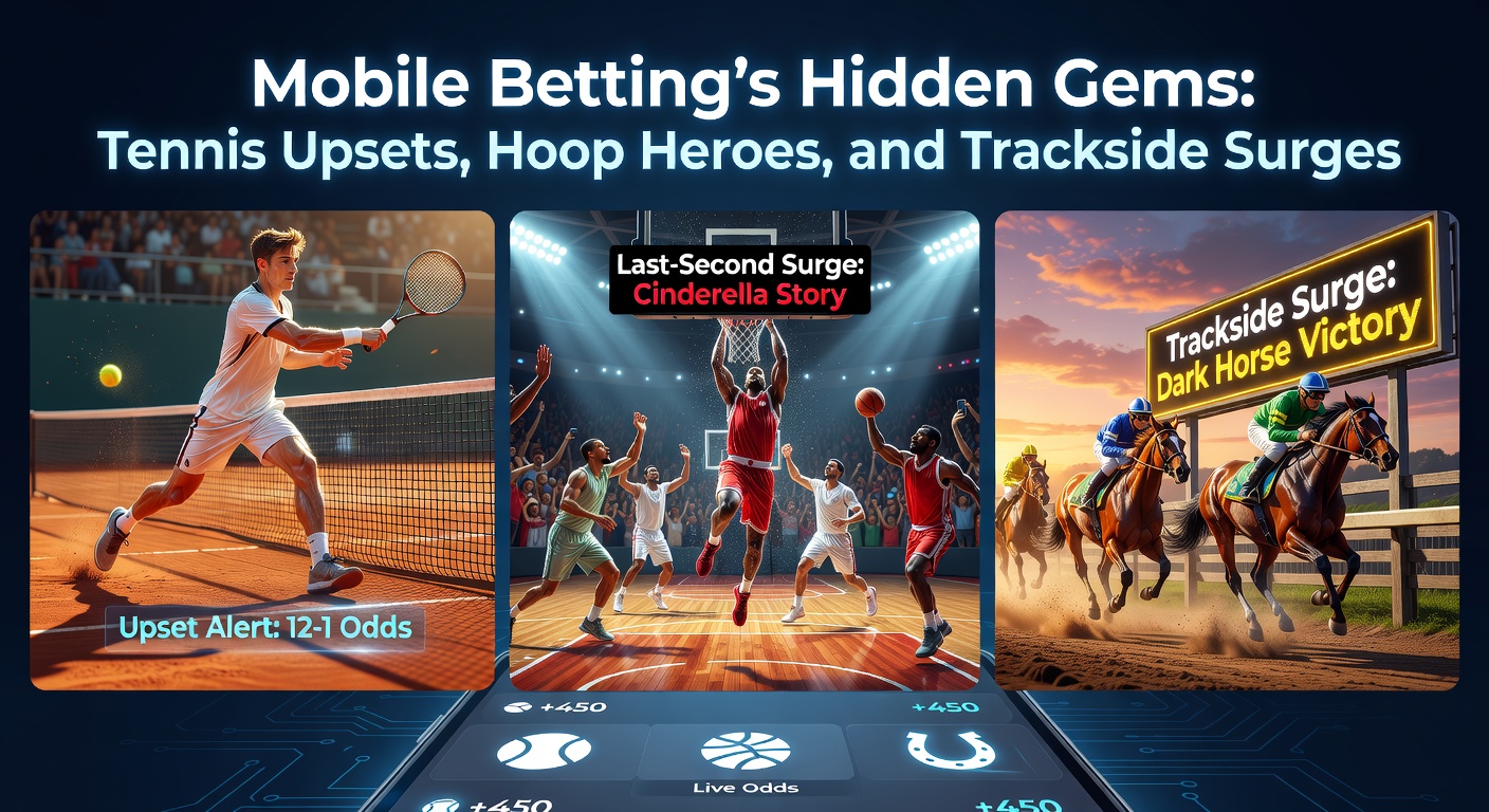 Spannende tenniswedstrijd op mobiel scherm met live odds die schieten tijdens een upset