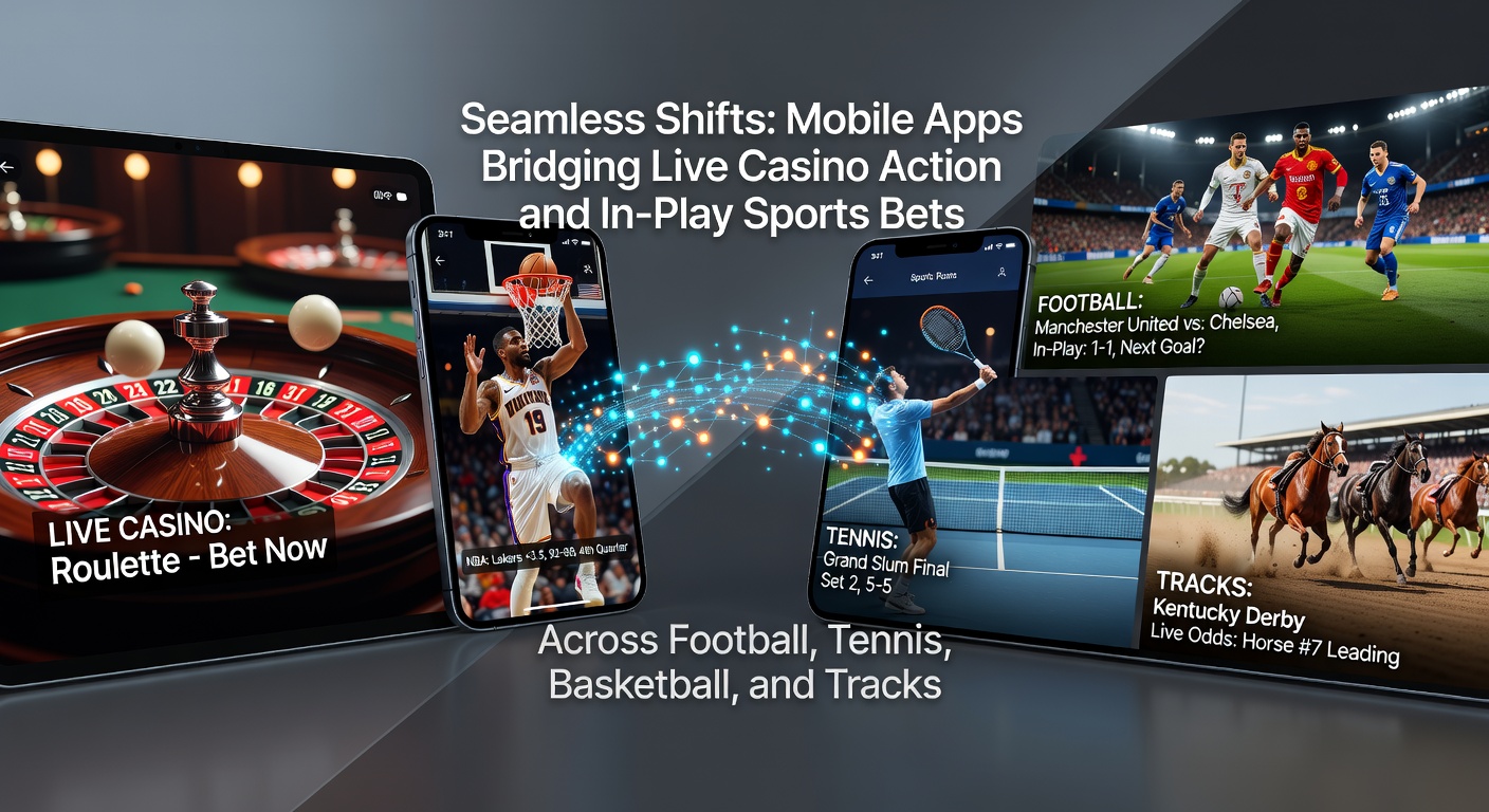 Scherm van een mobiele app met live voetbalwedstrijd en casino roulette naast elkaar, illustrerend naadloze overgangen tussen sport en casino