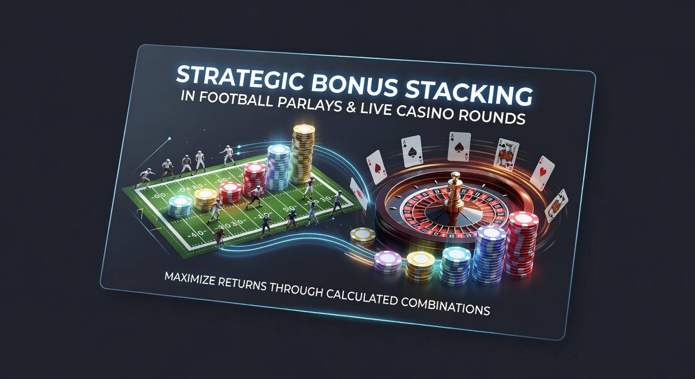 Grafiek met gestapelde bonussen in voetbal parlay's en live casino interfaces, symboliserend slimme strategieën