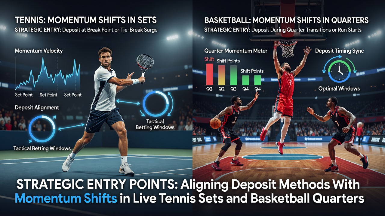 Visualisatie van live tennis en basketbal weddenschappen met momentum indicatoren en betalingsopties