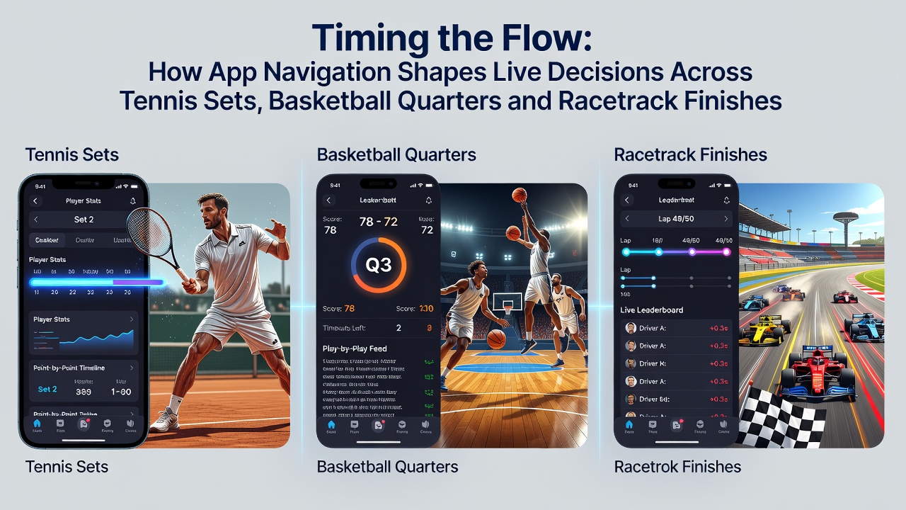 App-navigatie scherm met live tennis en basketbal opties