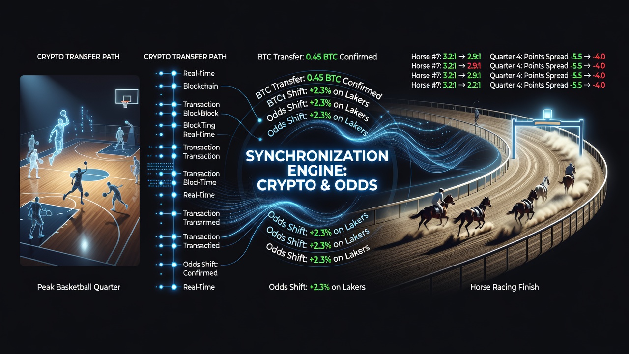 Visualisatie van crypto-transacties die synchroon lopen met odds-wijzigingen tijdens live basketbal en paardrennen