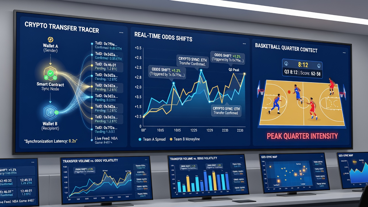 Diagram dat realtime synchronisatie tussen crypto-betalingen en odds-wijzigingen illustreert bij renbaanfinishes