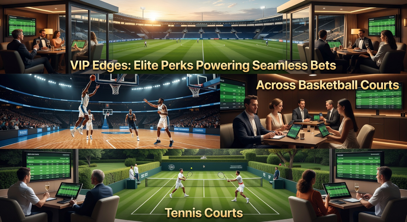 Elite VIP-interface op een mobiel apparaat, toon perks zoals hogere limieten en persoonlijke manager tijdens een tennisrally en casino sessie
